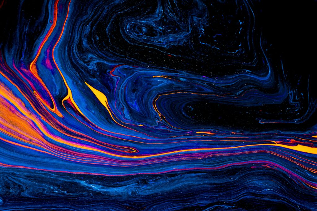 Vibrant Abstract Wallpaper: Liquid Paint Patterns in Blue, Orange & Yellow