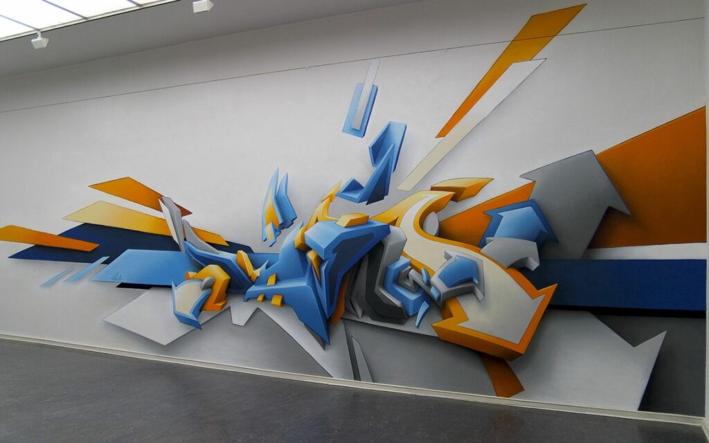 Vibrant Abstract Mural Wallpaper: Geometric Forms in Blue & Orange