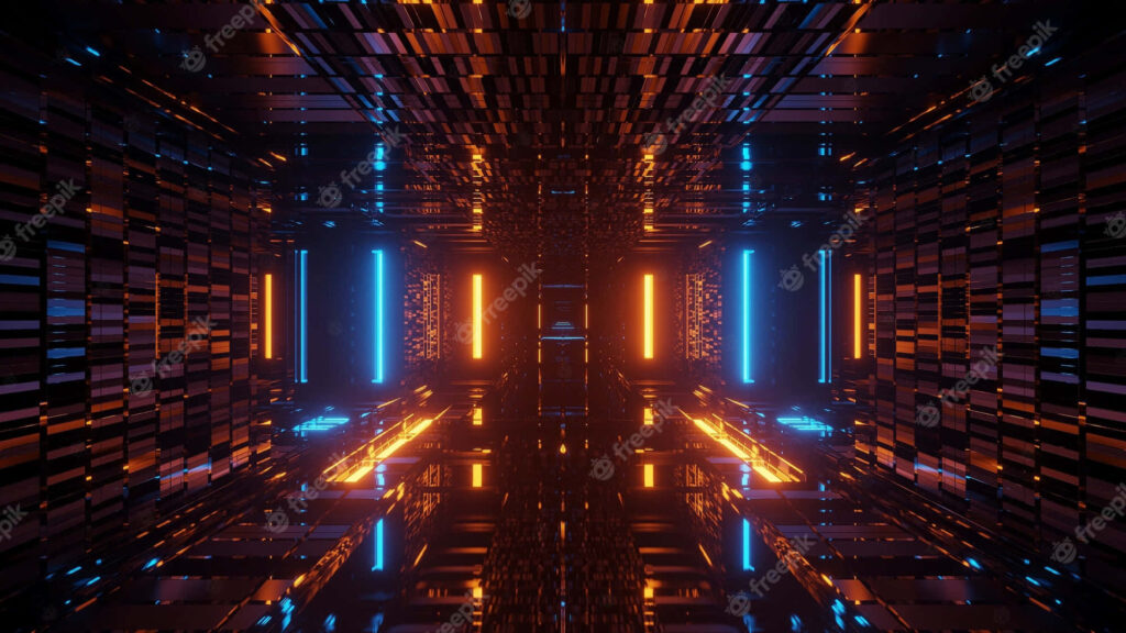 Vibrant Abstract Wallpaper: Neon Orange & Blue Digital Tunnel Background