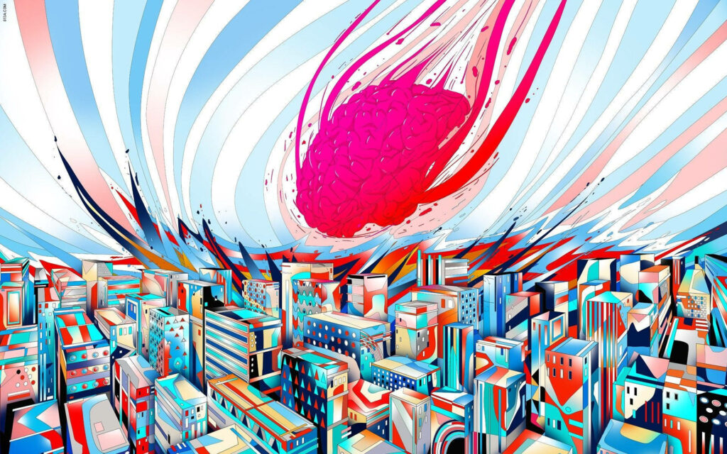Surreal Pink Brain Structure Descending Over Colorful City Wallpaper