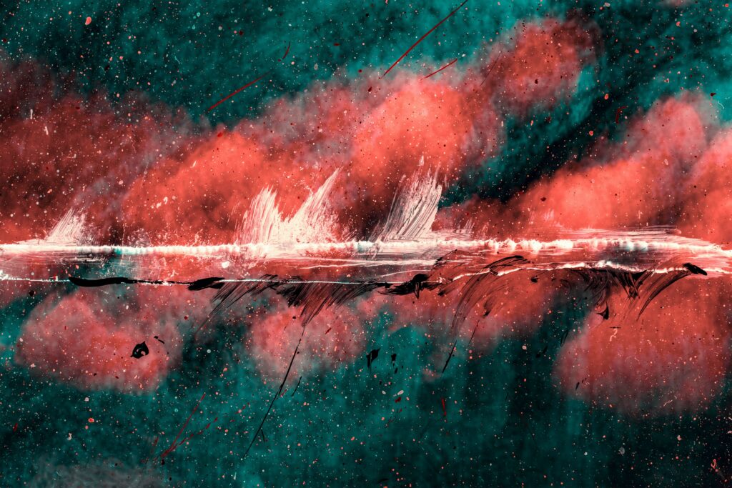 Dynamic Teal and Red Abstract Wallpaper with Paint Stains