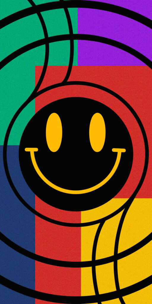 Colorful Abstract Wallpaper with Bold Smiley Face and Swirling Lines