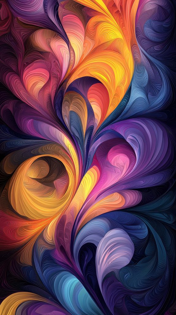 Vibrant abstract wallpaper with flowing textures and colorful swirls in gold and purple tones
