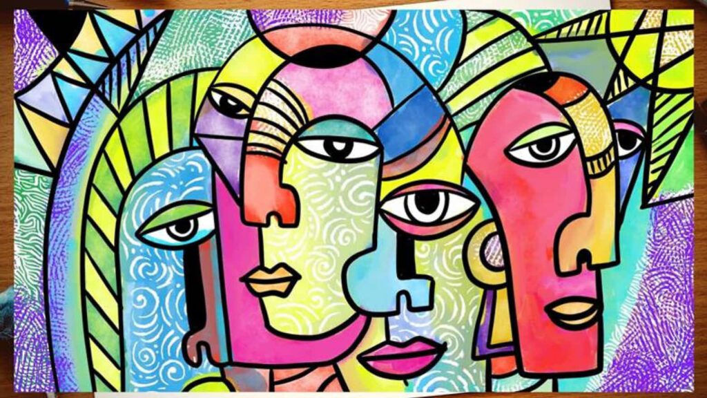 Vibrant Abstract Wallpaper with Intertwined Faces and Bold Patterns