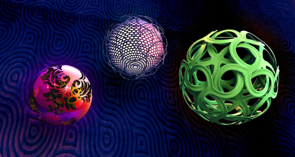 Vibrant Spheres on Dark Abstract Wallpaper: Floral & Lattice Designs