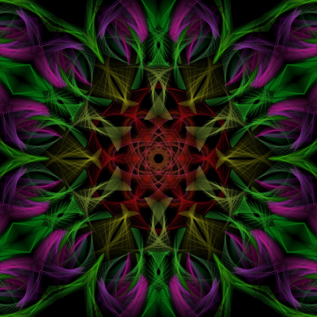Vibrant Kaleidoscopic Abstract Wallpaper in Green, Purple & Red