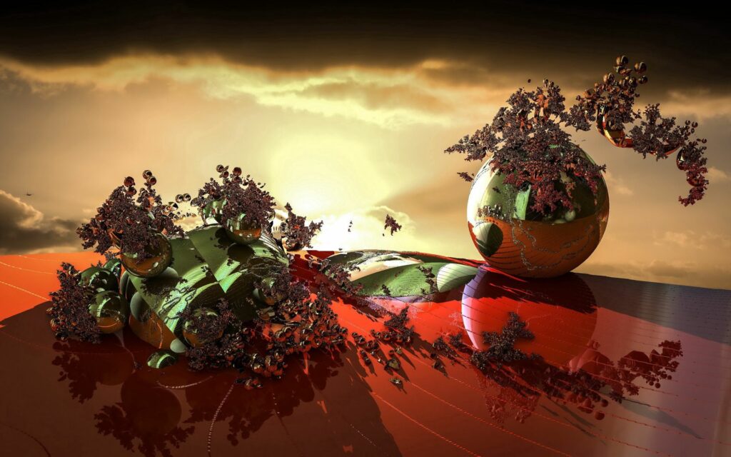 Vibrant Abstract Wallpaper: Spherical Objects and Dramatic Sky