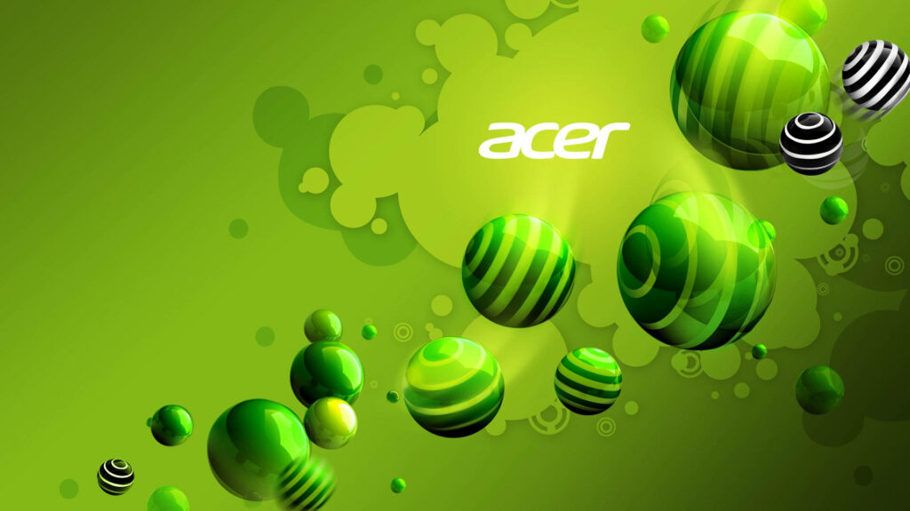Acer logo on dynamic green background with glossy striped spheres modern vibrant wallpaper
