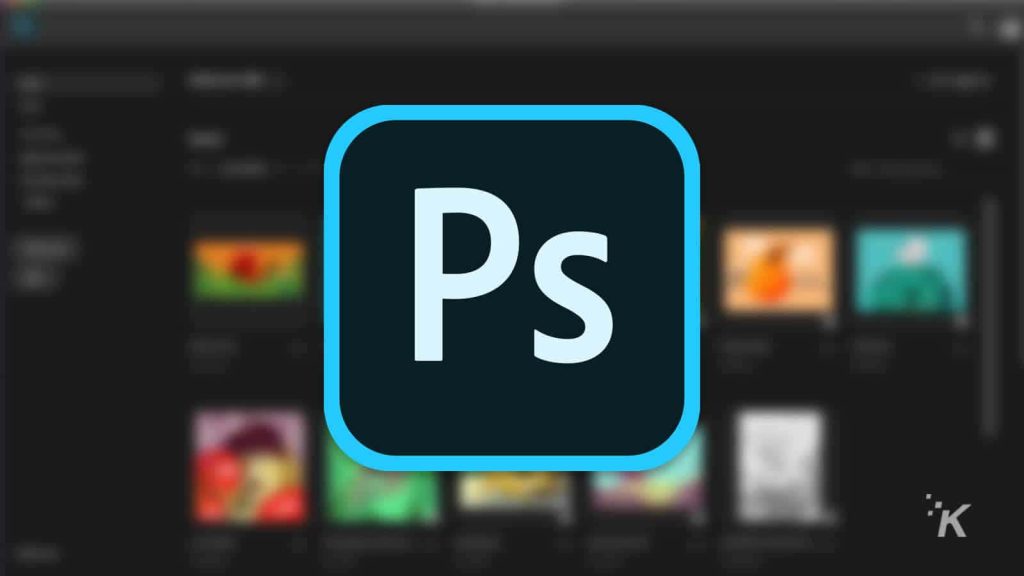 Adobe Photoshop logo glowing blue on dark blurred Creative Cloud interface wallpaper background