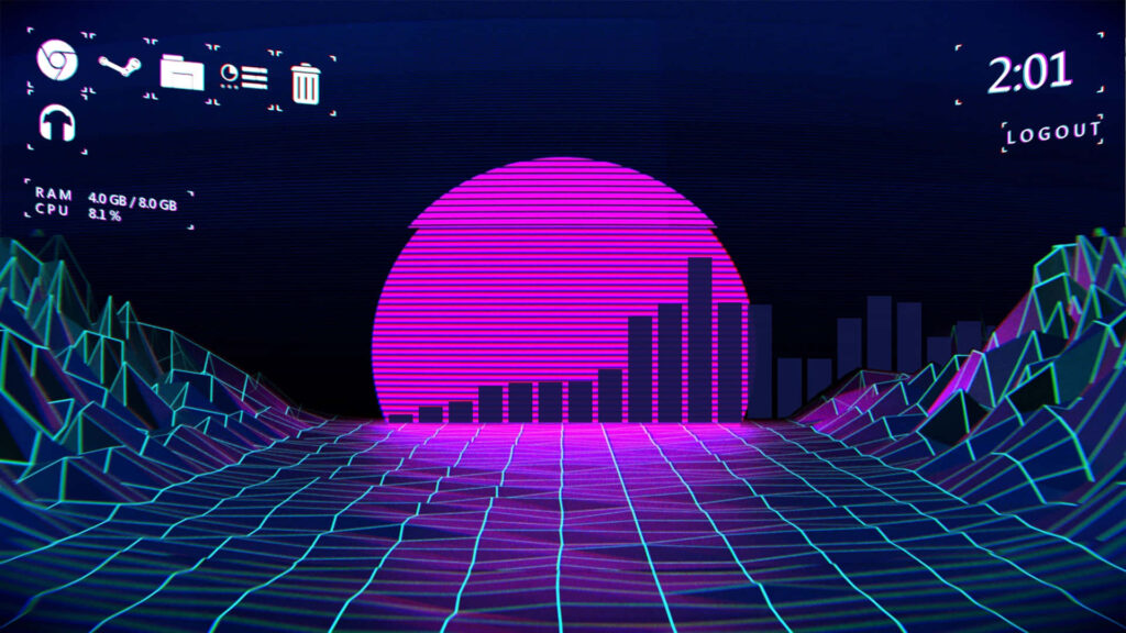 Purple Sun: A Heavenly Vaporwave Grid Fusion with Dazzling Bar Graph Patterns Wallpaper