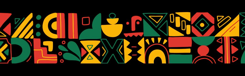 Vibrant African inspired wallpaper with bold red yellow green geometric patterns on black background
