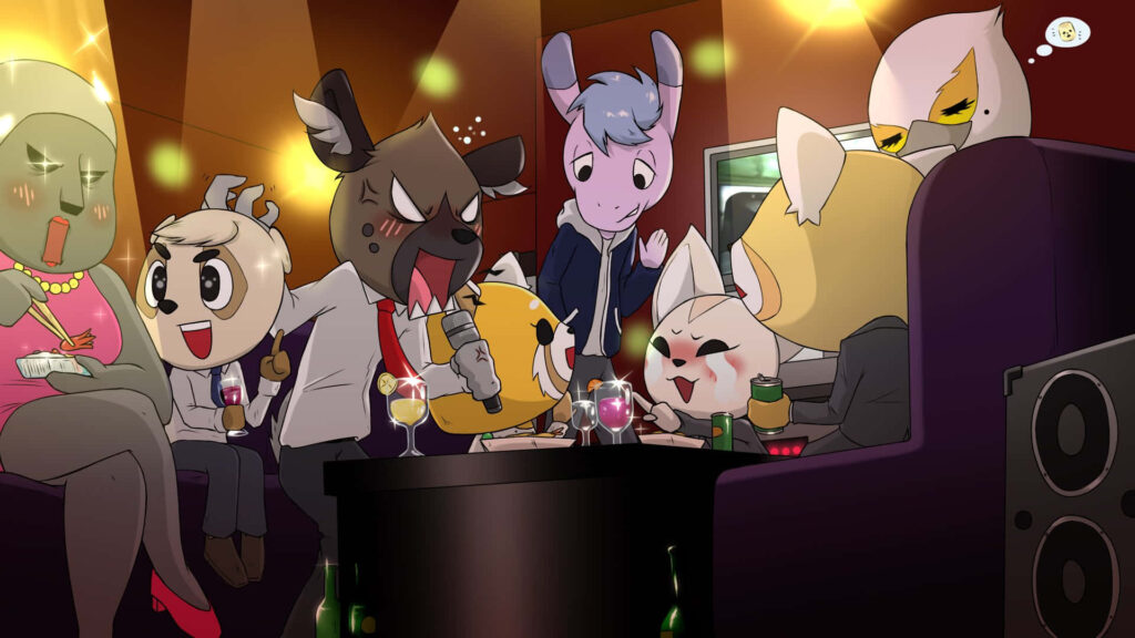 Vibrant Aggretsuko Karaoke Night Wallpaper: Characters in Action!