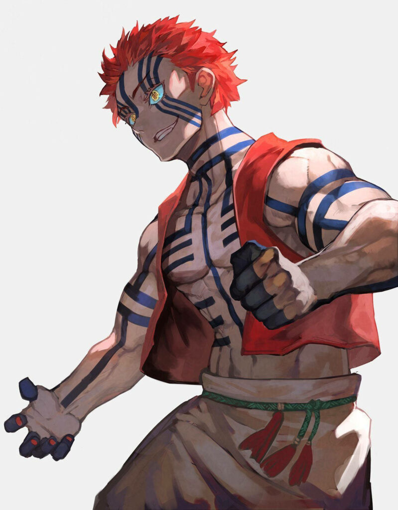 Intense Akaza Wallpaper: Fierce Demon Slayer Art with Blue Tattoos