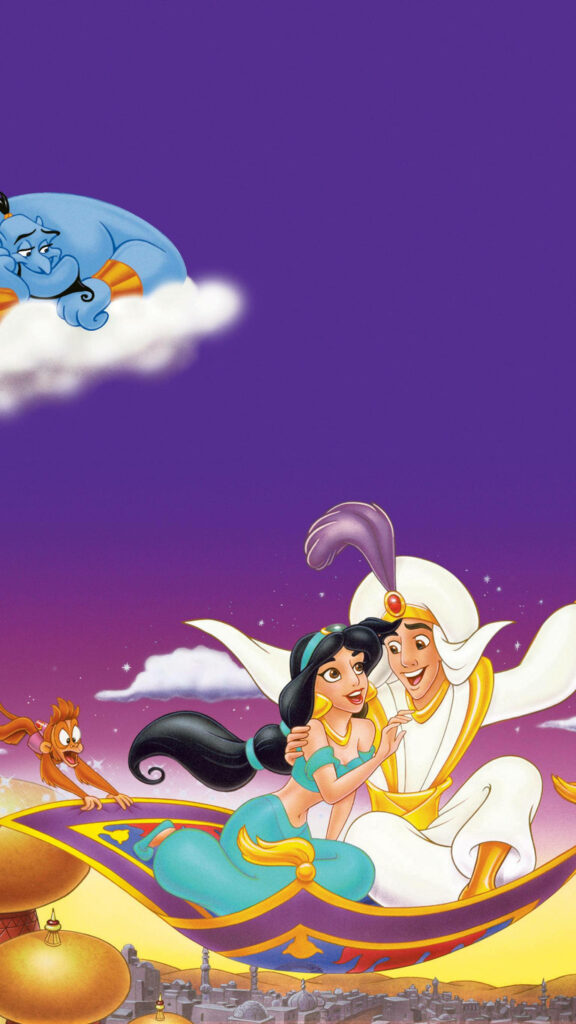 Vibrant Aladdin & Jasmine Wallpaper: Magic Carpet Ride at Twilight