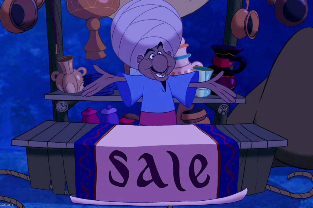 Cheerful Aladdin Merchant Wallpaper - Vibrant Agrabah Marketplace Background