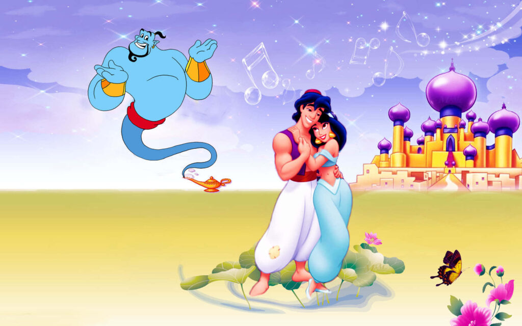 Magical Aladdin Wallpaper: Aladdin, Jasmine & Genie Embrace