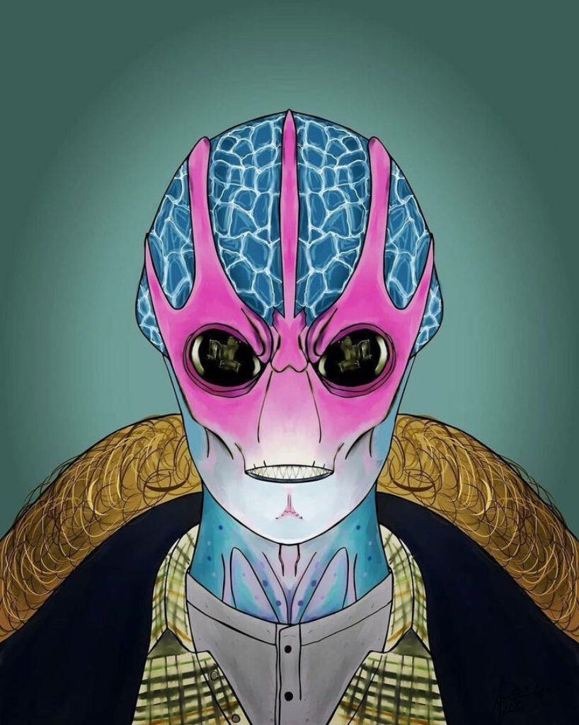 Vibrant Alien Wallpaper: Unique Blue & Pink Design on Green Background