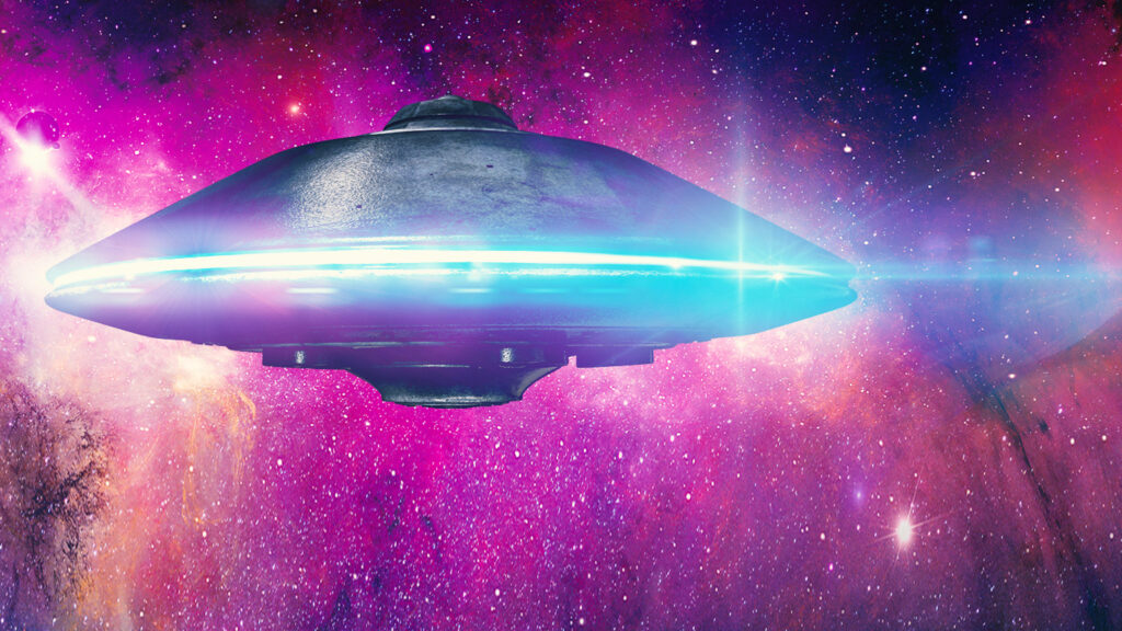 Stunning Alien Invasion Wallpaper: Glowing UFO & Cosmic Colors