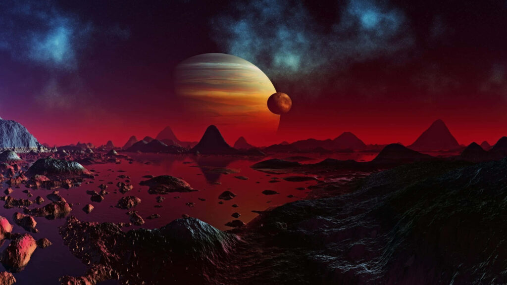Breathtaking Alien Landscape Wallpaper: Rocky Terrains & Red Skies