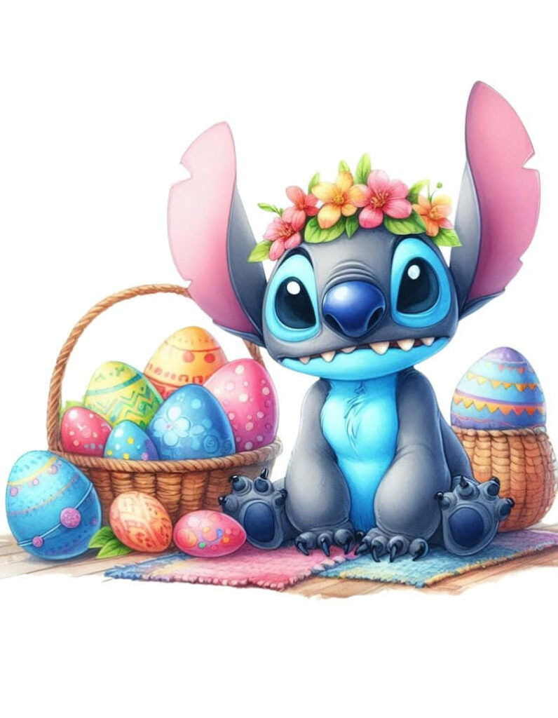 Cheerful Blue Alien with Flower Crown among Colorful Easter Eggs Wallpaper