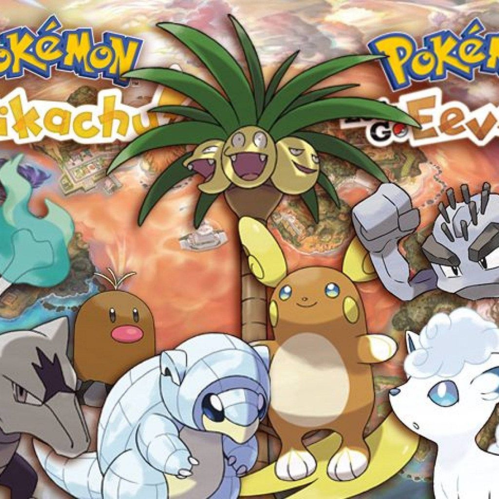 Colorful Alola region wallpaper with Alolan Exeggutor Raichu Sandshrew Vulpix Marowak Geodude Diglett