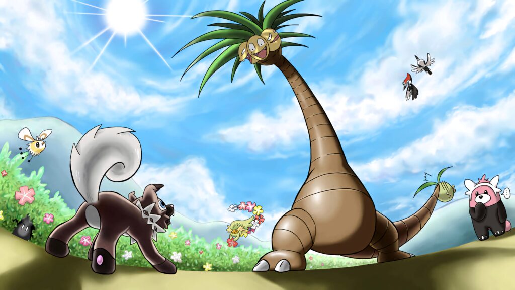Alolan Exeggutor towering over Houndour Cutiefly Comfey Bewear Pikipek Trumbeak in vibrant Pokemon wallpaper