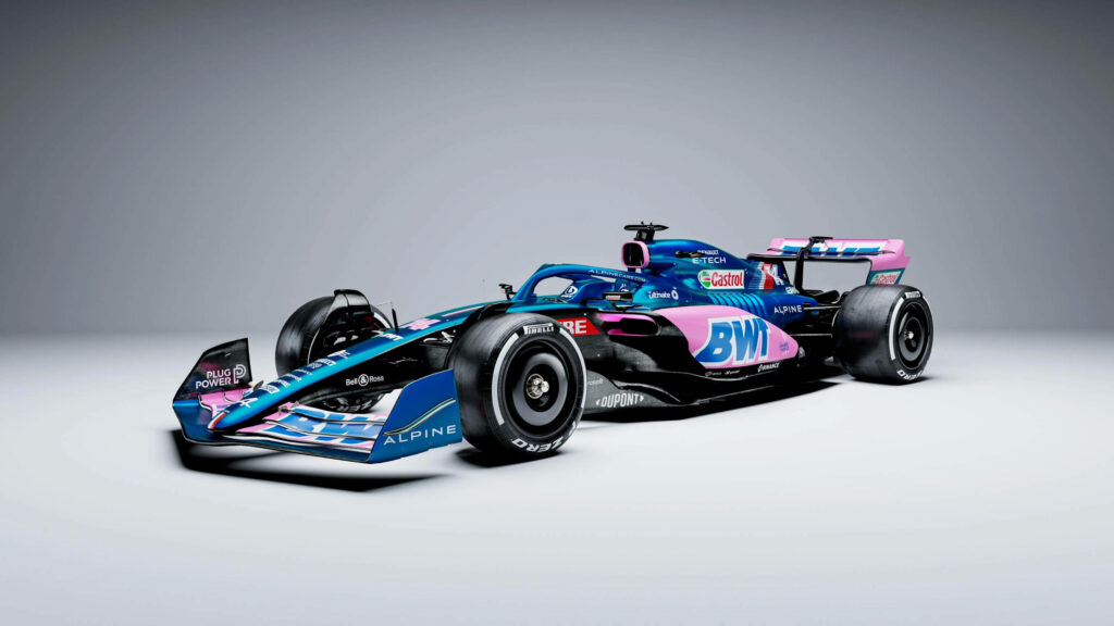 Alpine Formula 1 car vibrant blue pink aerodynamic design sleek modern sporty wallpaper background