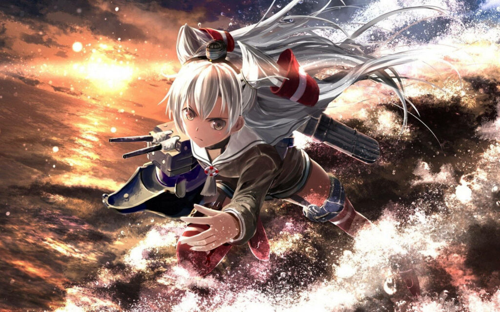 Dynamic Amatsukaze Wallpaper: Epic Kancolle PFP in Ocean Sunset
