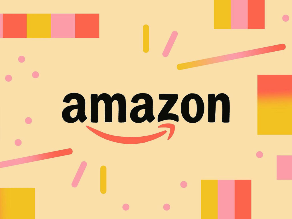 Amazon logo wallpaper on peach background with vibrant pink yellow orange geometric shapes design