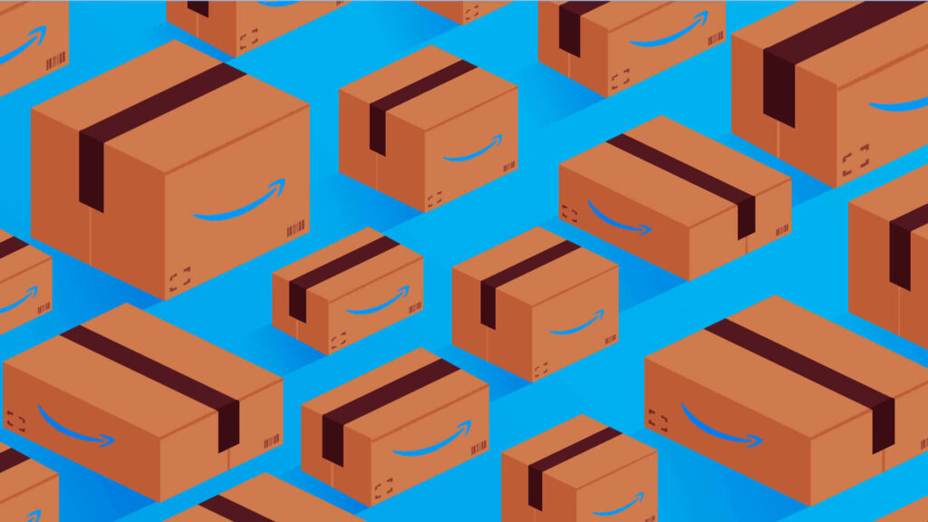 Vibrant Amazon UK packages with smile logo arranged on bright blue graphic wallpaper background