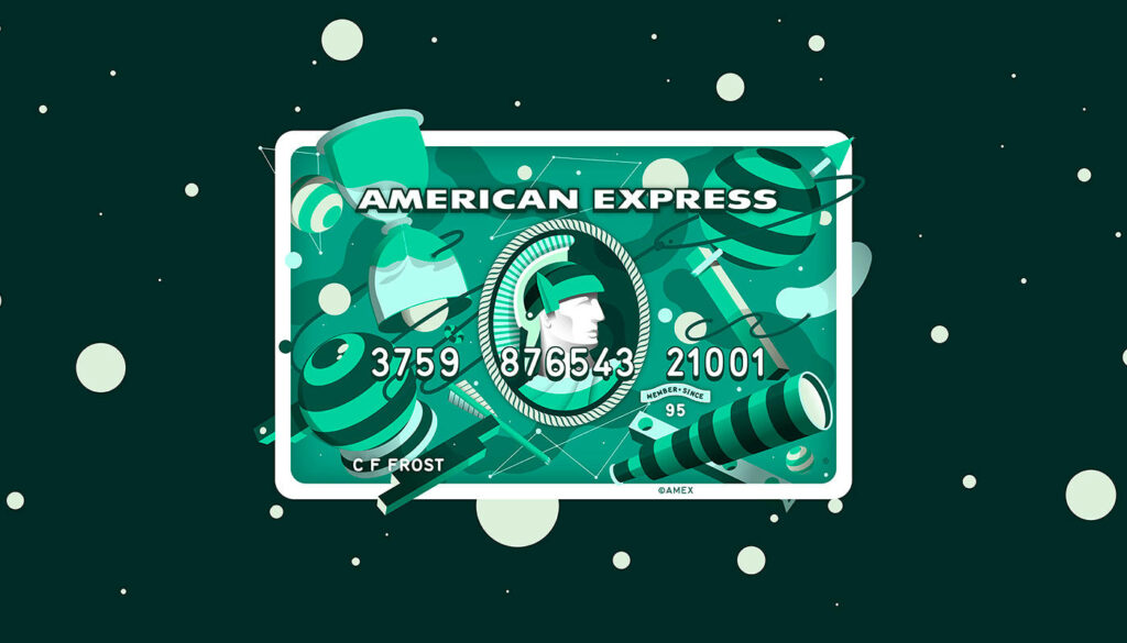 Vibrant American Express Green Card with floating green bubbly shapes financial wallpaper background