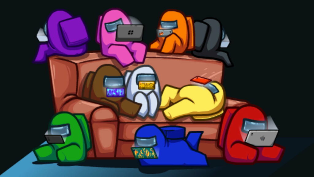 Among Us colorful crewmates on couch with laptops vibrant gaming wallpaper background illustration