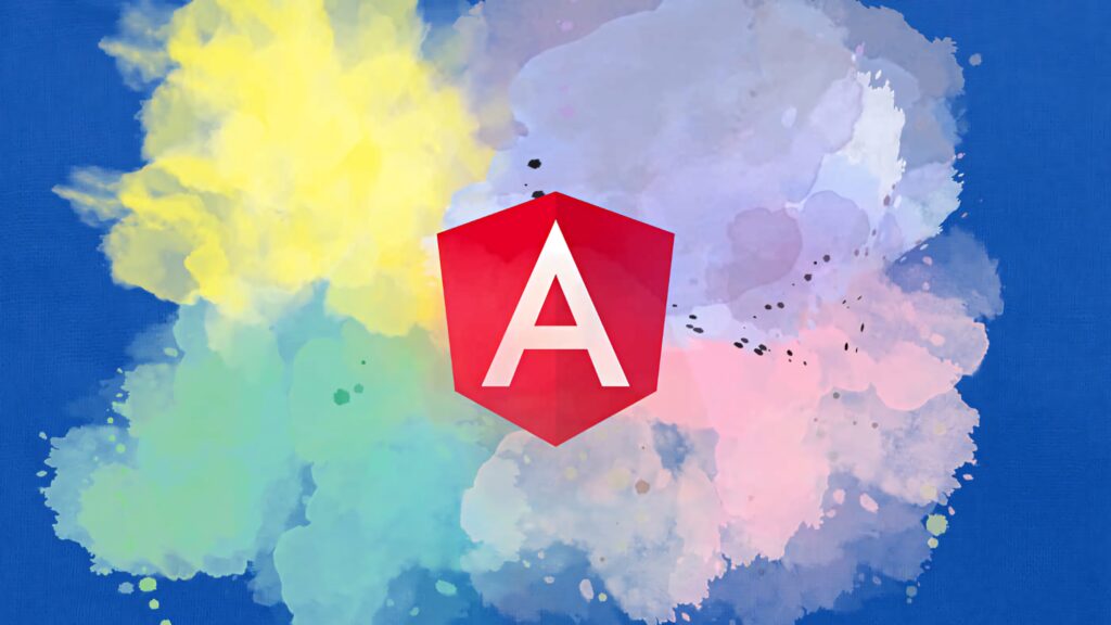 Vibrant Angular logo on colorful paint splash background dynamic developer tech wallpaper