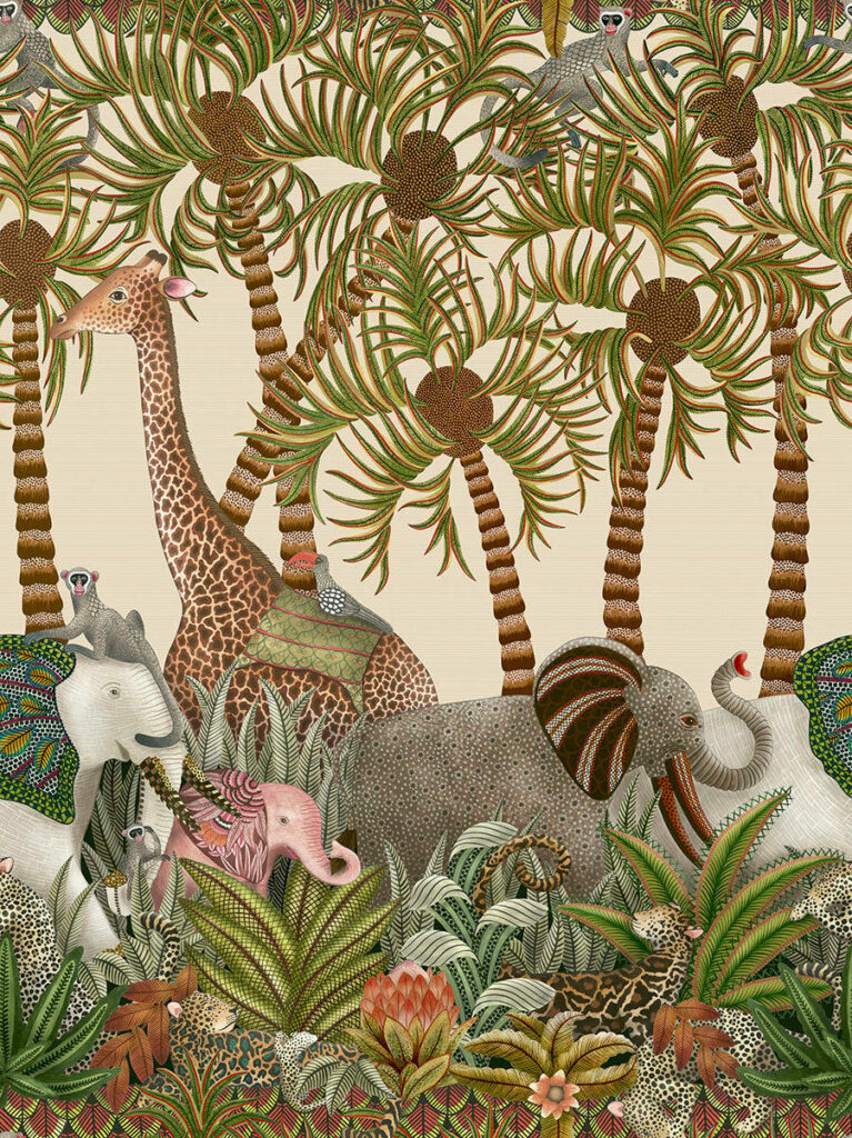 Vibrant Animal Parade Wallpaper: Giraffes, Elephants & Tropical Foliage