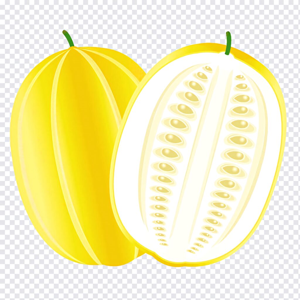 Animated canary melon wallpaper bright yellow whole and sliced half showing detailed seeds