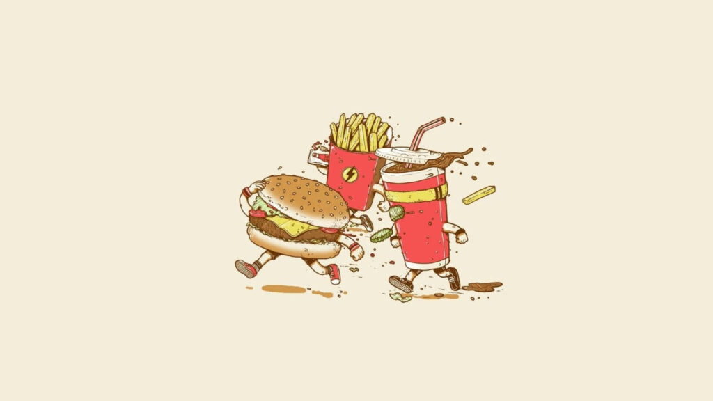 Vibrant Animated Hamburger, Fries, & Drink Wallpaper Background