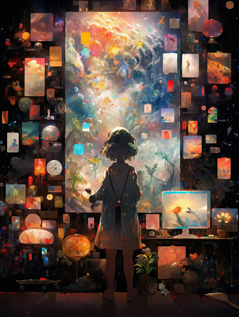 Vibrant Anime Art: Girl Amidst Colorful Paintings in Dreamlike Scene Wallpaper