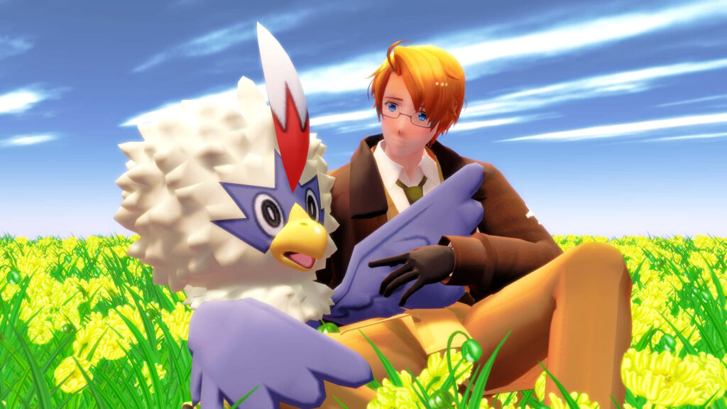 Anime Boy in Field of Yellow Flowers with Rufflet - Vibrant Wallpaper