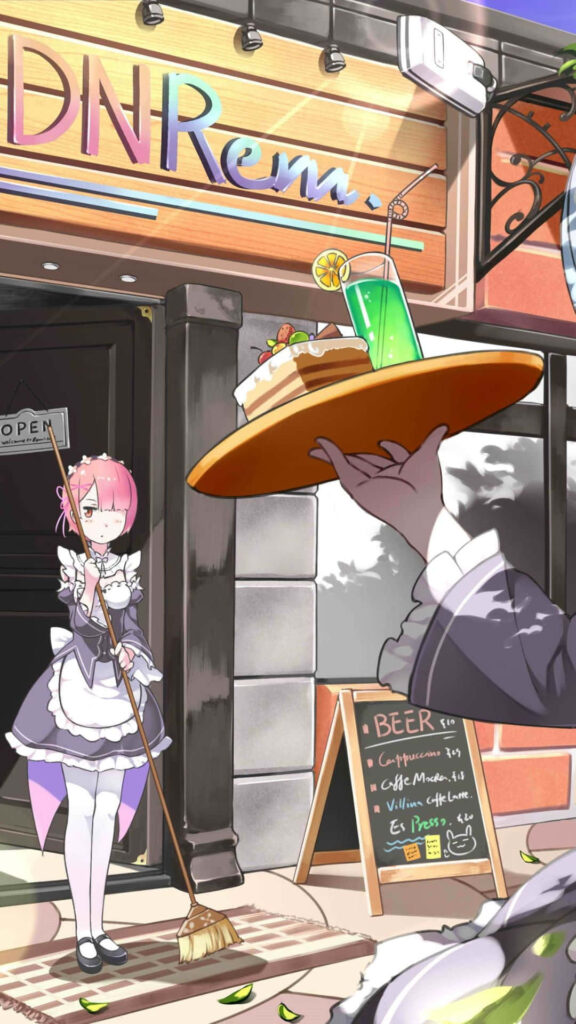 Vibrant Anime Cafe Wallpaper: Cheerful Maid & Colorful Atmosphere