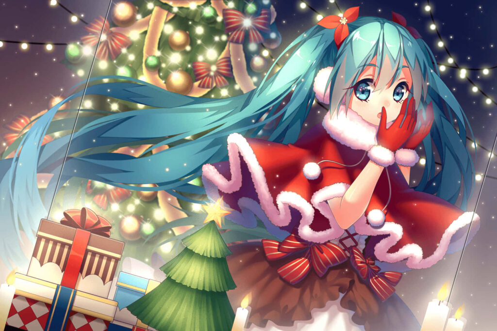 Vibrant Anime Christmas Wallpaper with Festive Background & Lights