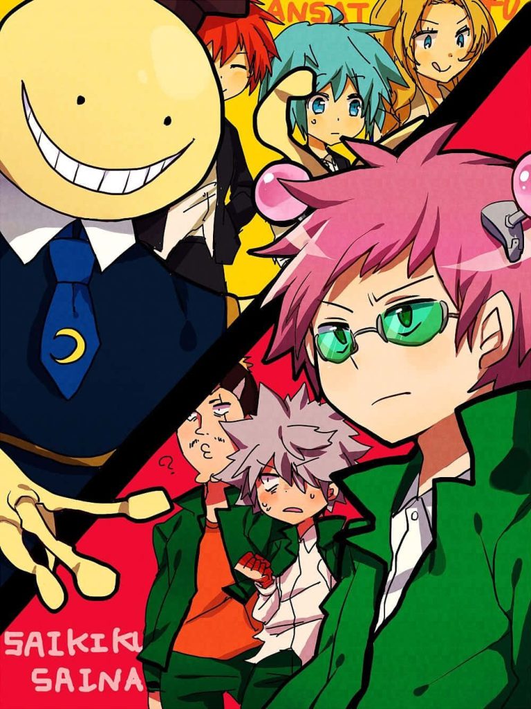 Vibrant anime wallpaper crossover featuring Kusuo Saiki Assassination Classroom and Hunter x Hunter cast