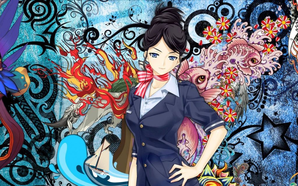 Anime flight attendant in navy uniform with koi fish flames and tribal art background wallpaper