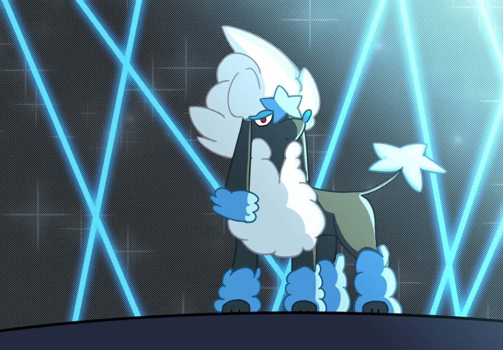 Vibrant anime-style Furfrou Star Trim on stage with blue spotlights and dotted backdrop wallpaper