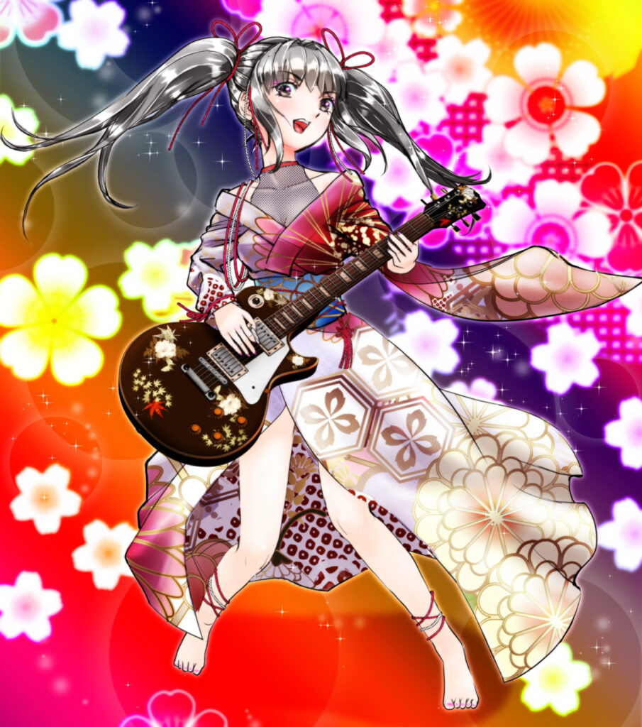 Vibrant Anime Girl in Kimono with Guitar & Floral Background Wallpaper