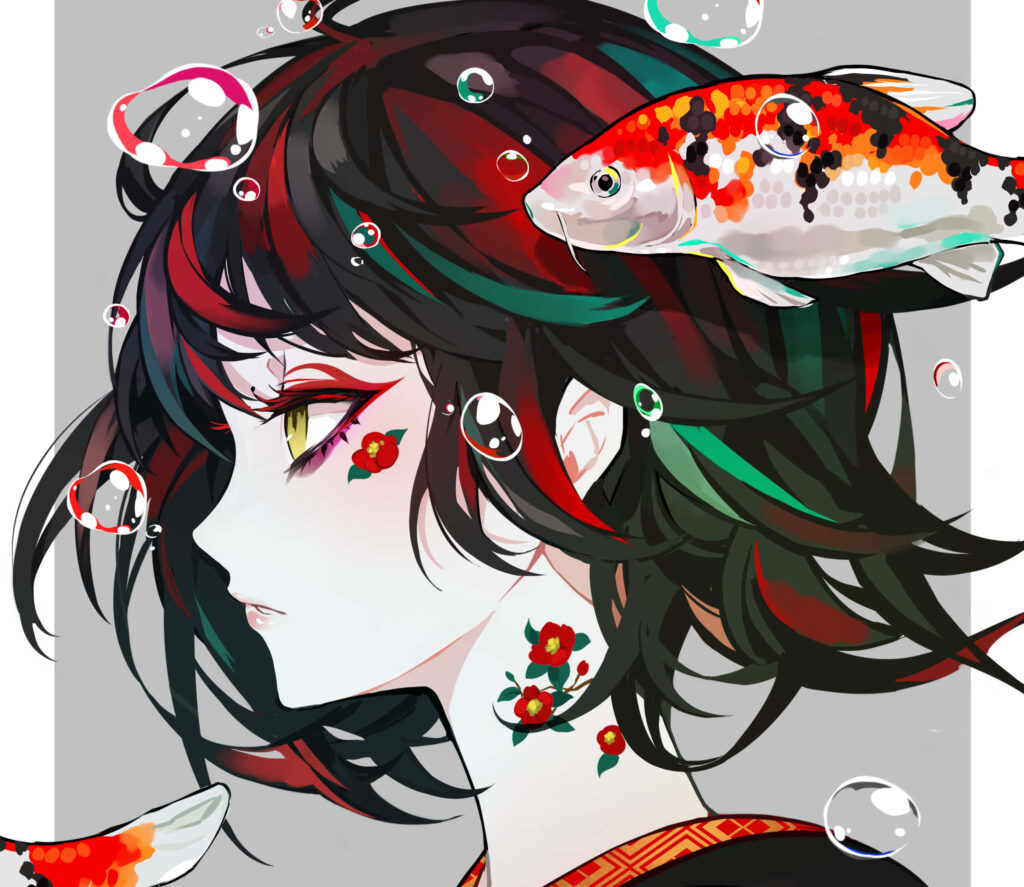 Captivating Aquatic Anime Girl Wallpaper with Koi and Floral Tattoos