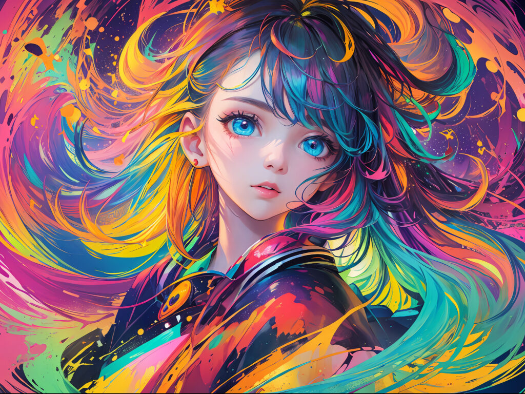 Vibrant Anime Girl Wallpaper with Colorful Swirling Hair