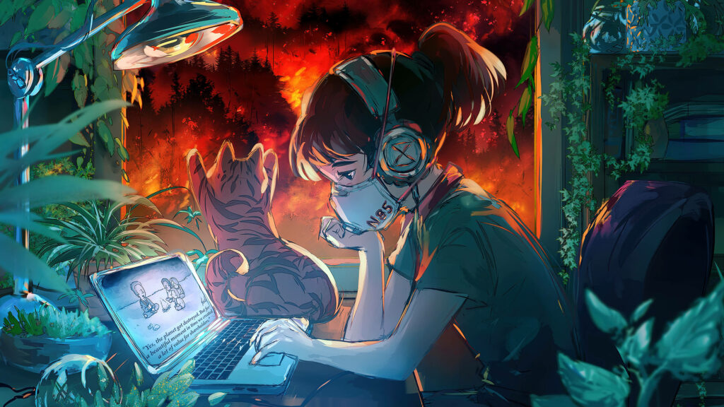 Vibrant Anime Girl Wallpaper: Cozy Scene with Cat & Fiery Backdrop