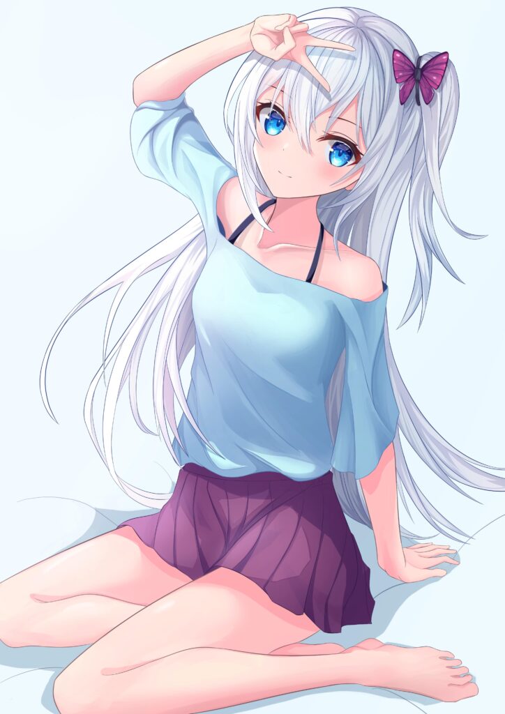 Charming Anime Girl with White Hair and Purple Bow - Vibrant Art Wallpaper