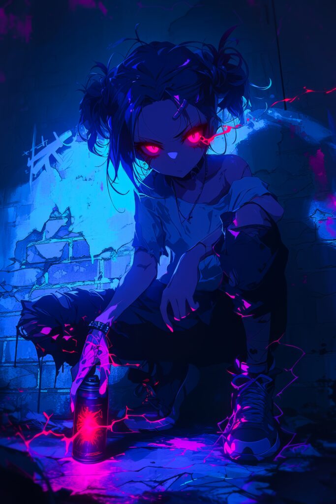 Anime Girl Wallpaper: Dynamic Pose with Vibrant Blue and Pink Lighting