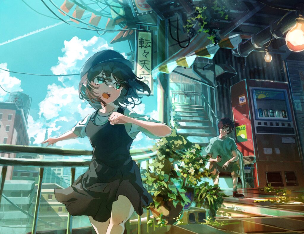 Vibrant Anime Girl Wallpaper: Urban Adventure with Blue Skies